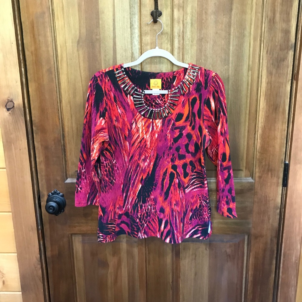 Ruby Rd Womens Red Orange Black Abstract Animal Print Embellished 3/4 Sleeve M